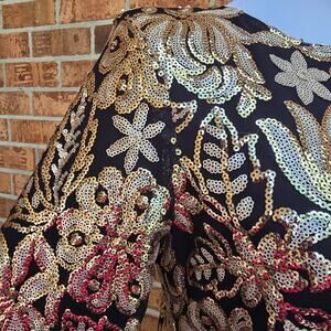 Sequin Shirt Lovers Friends Bright Lights Top Size XS Black Gold Metallic Floral
